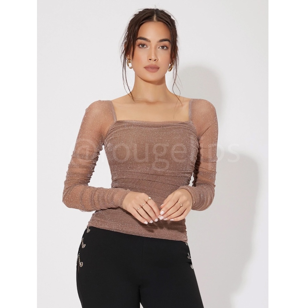 Lurex Sheer Mocha Brown Tan Long Sleeve Square Neck Ruched Tee Top Shirt - Picture 6 of 9